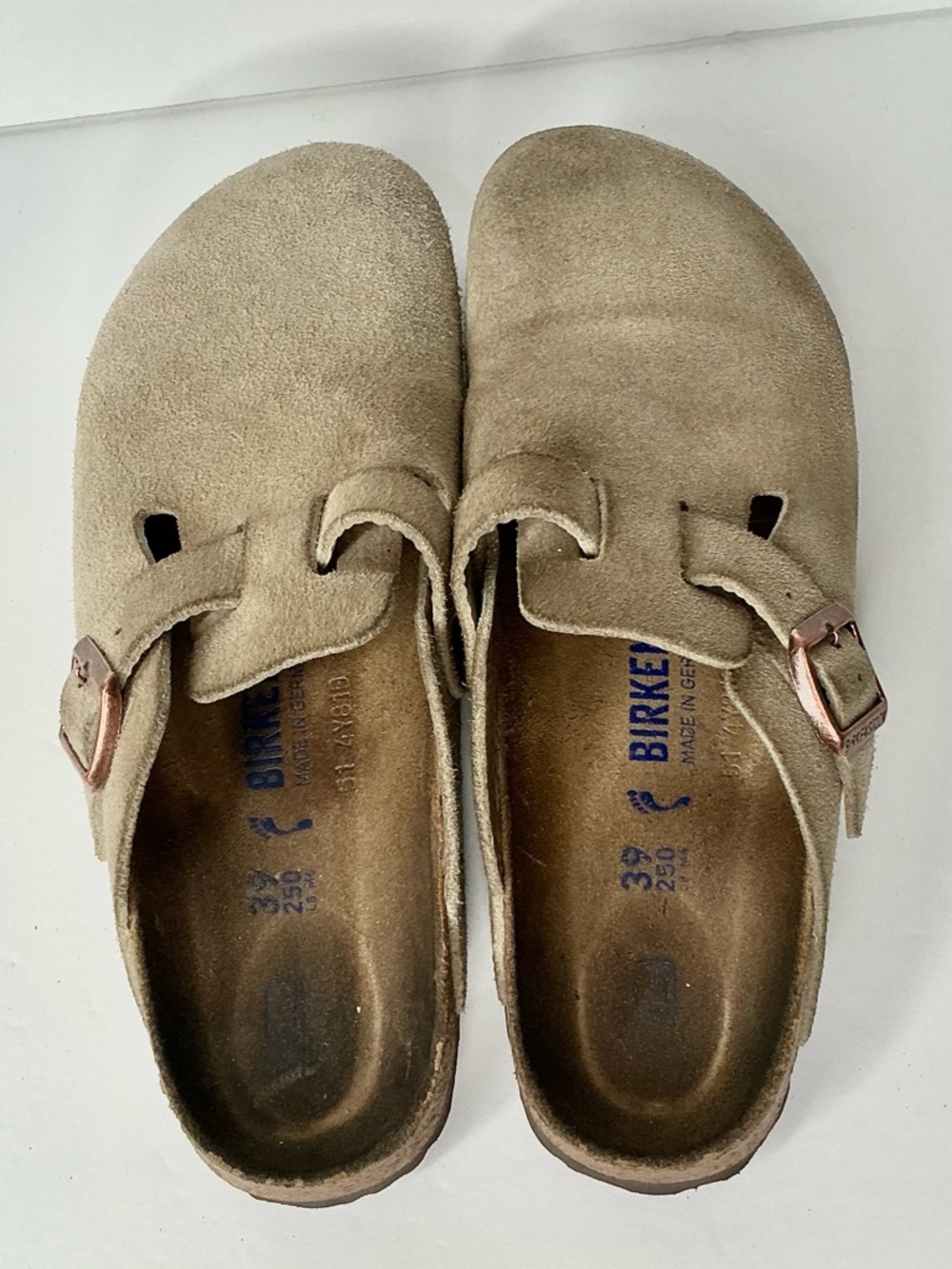 Birkenstock Boston Taupe Suede Slip-On Clogs with Rose Gold Buckle 39